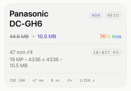 The converted HEIC keeping its capture date, camera, lens and exposure metadata