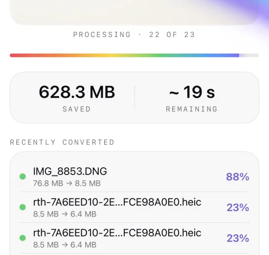RawToHEIC running fully on-device — no account, no uploads, no tracking