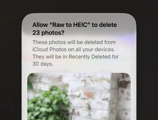 RawToHEIC showing the estimated savings and the opt-in delete choice before converting