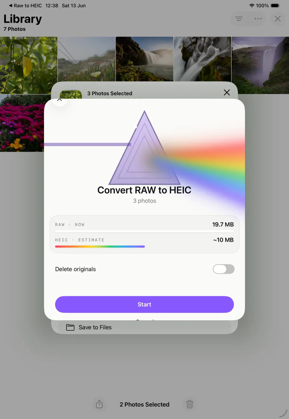 RawToHEIC's confirmation on iPad showing the estimated savings
