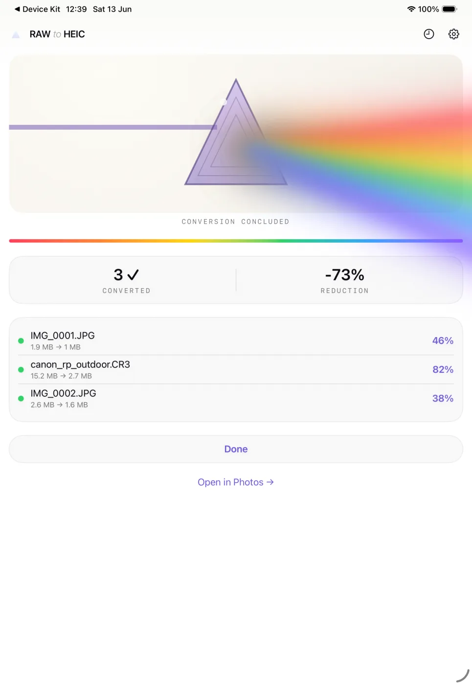 The finished conversion in RawToHEIC on iPad with freed-up space