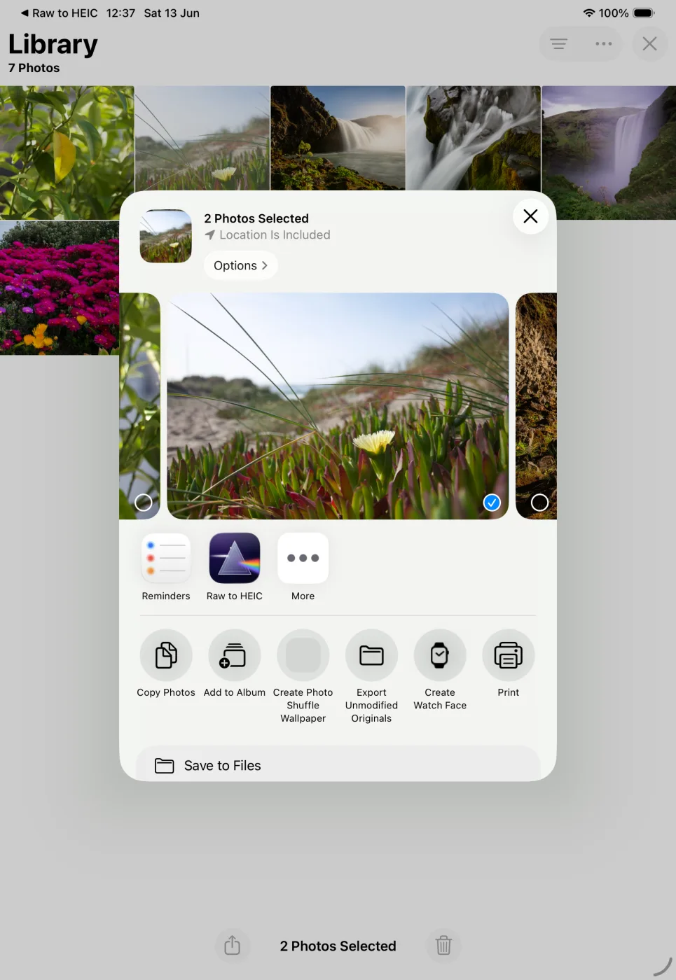 The iPadOS Share sheet in Photos with the RawToHEIC action
