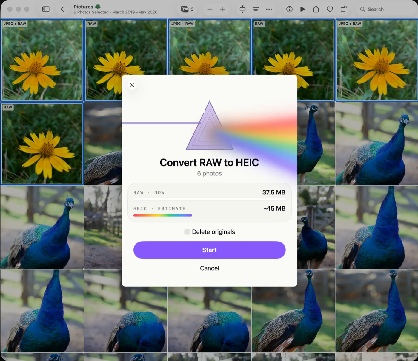 RawToHEIC's confirmation on Mac showing the estimated savings