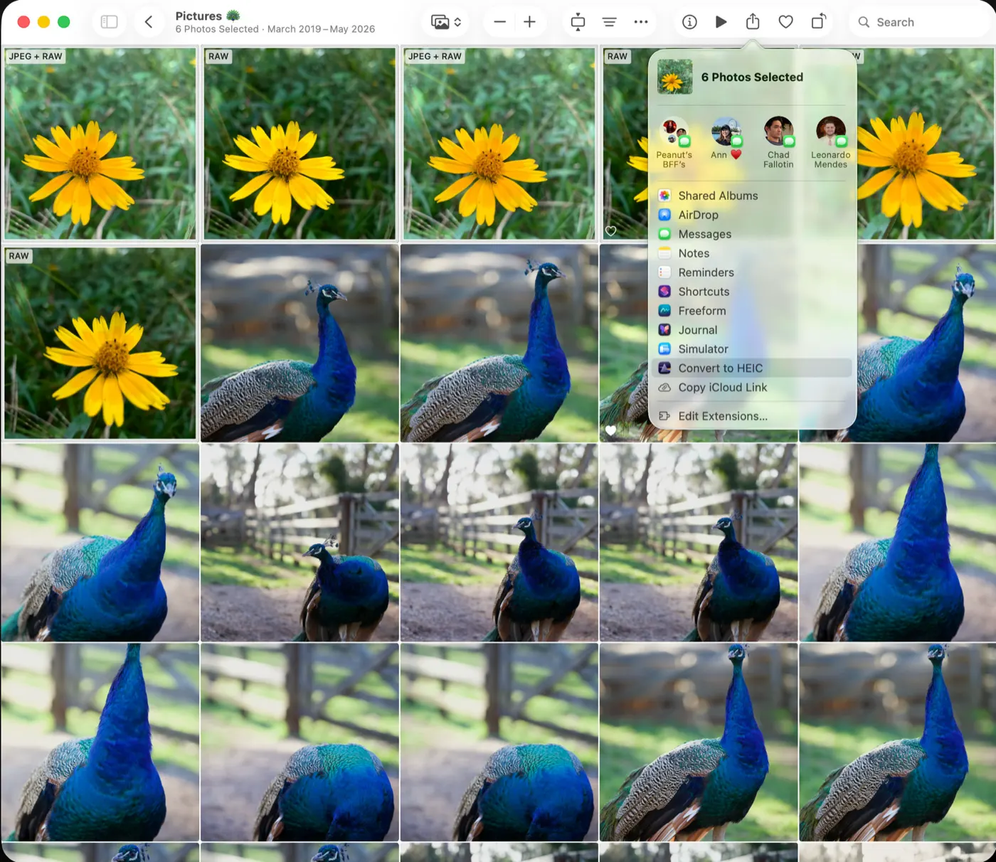 The macOS Photos share menu with the Convert to HEIC extension