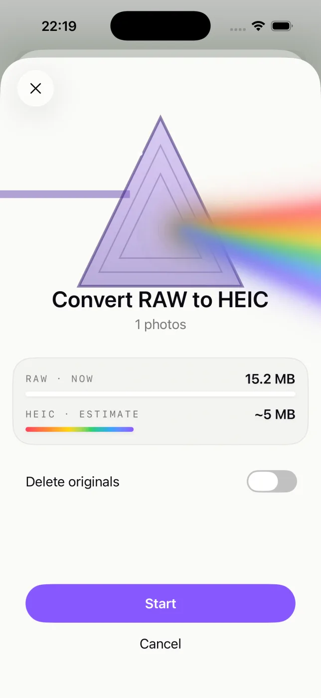 RawToHEIC's confirmation showing the estimated savings