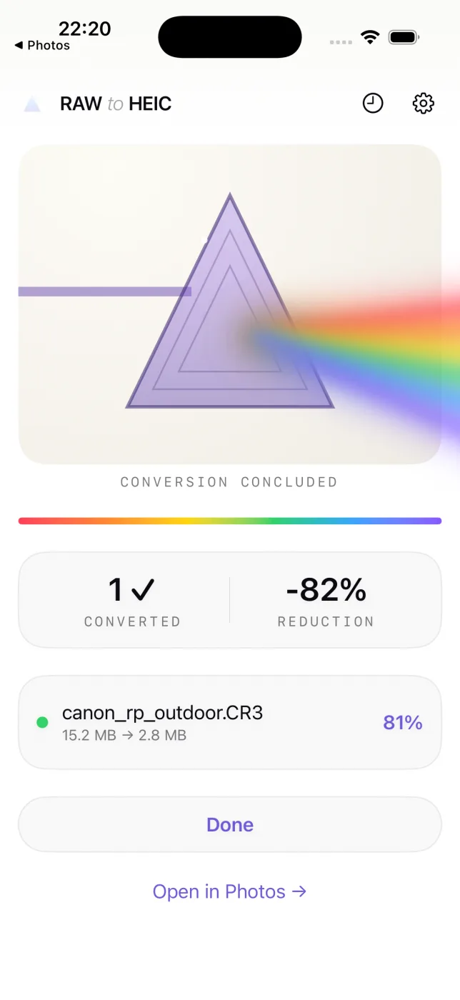 The finished conversion in RawToHEIC with freed-up space